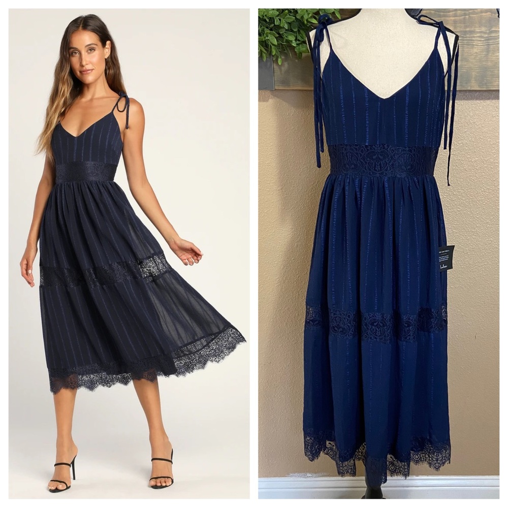 Lulus Love the Day Navy Lace Tie-Strap Midi Dress new!!
